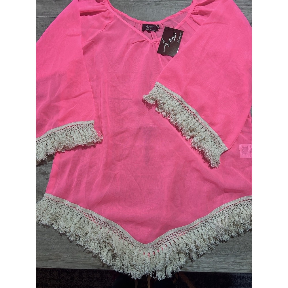 Avani del amour Women's Peasant Top Boho Fringe Hem/Sleeve Neon Pink Size XL NWT